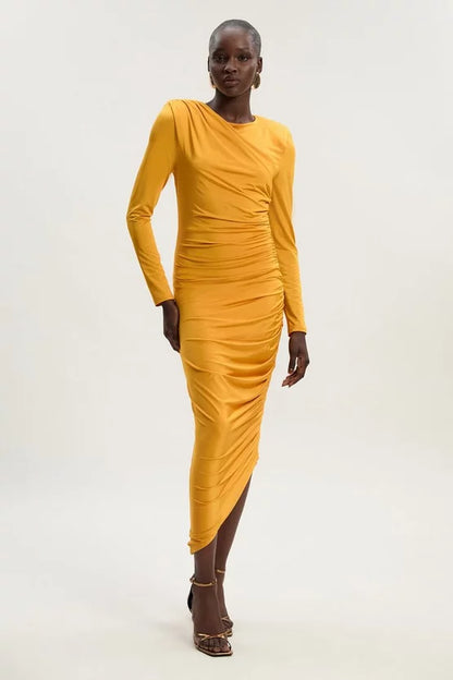 Jersey Crepe Ruched Long Sleeve Maxi Dress