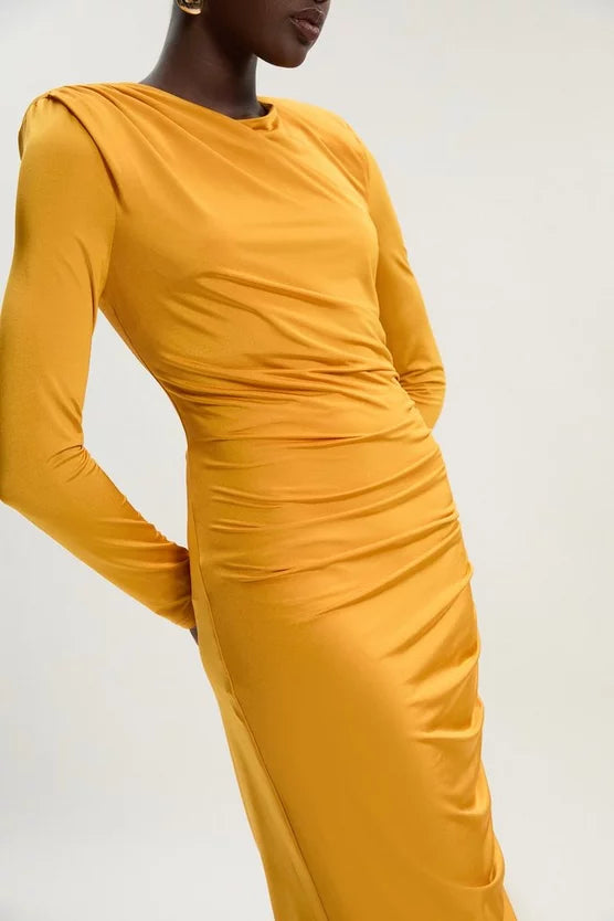 Jersey Crepe Ruched Long Sleeve Maxi Dress