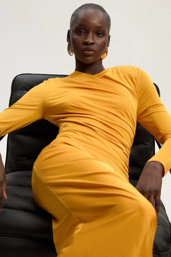 Jersey Crepe Ruched Long Sleeve Maxi Dress