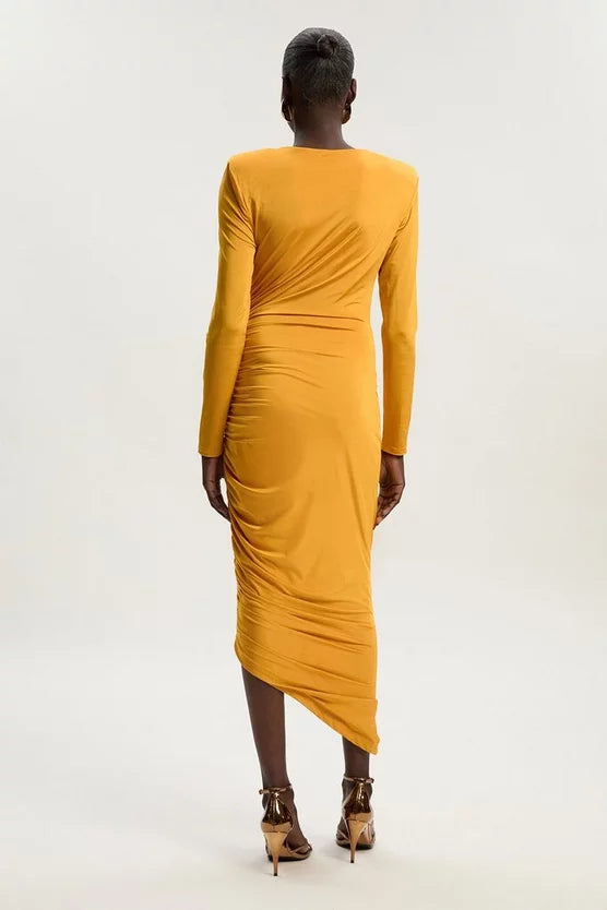 Jersey Crepe Ruched Long Sleeve Maxi Dress