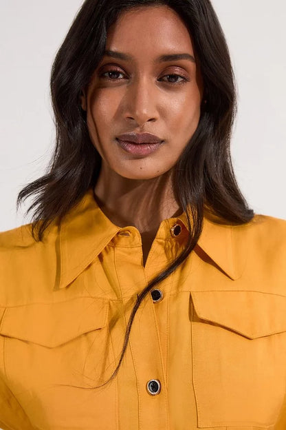 Premium Viscose Linen Topstitch Woven Blouse With Waist Seam Detail