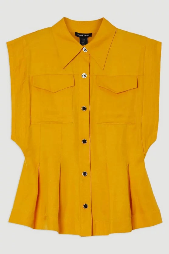 Premium Viscose Linen Topstitch Woven Blouse With Waist Seam Detail