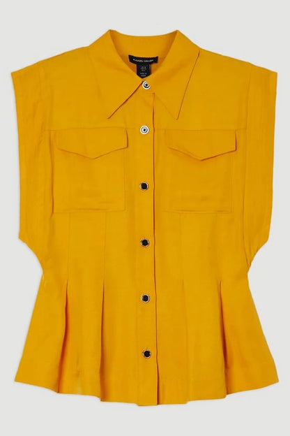 Premium Viscose Linen Topstitch Woven Blouse With Waist Seam Detail