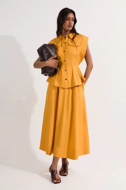 Premium Viscose Linen Topstitch Woven Blouse With Waist Seam Detail