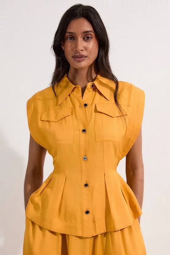 Premium Viscose Linen Topstitch Woven Blouse With Waist Seam Detail