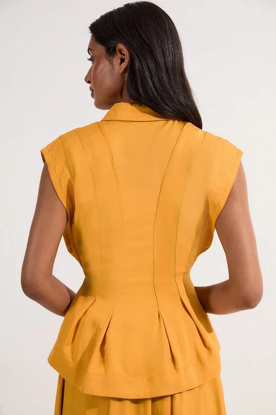 Premium Viscose Linen Topstitch Woven Blouse With Waist Seam Detail