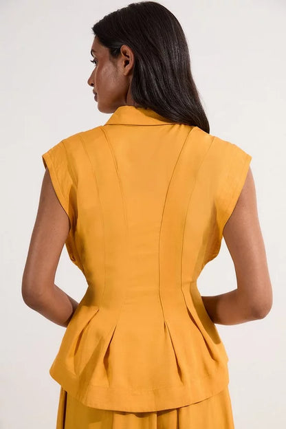 Premium Viscose Linen Topstitch Woven Blouse With Waist Seam Detail