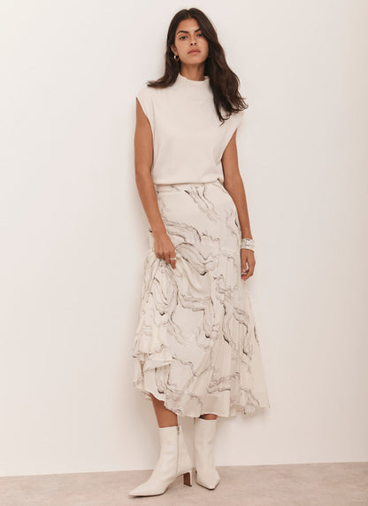 Cream Marble Print Midi Skirt