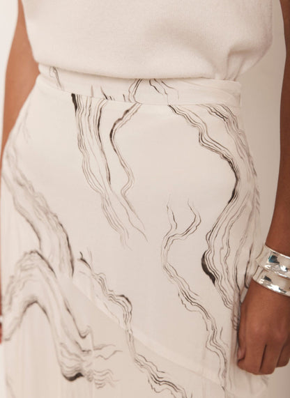 Cream Marble Print Midi Skirt