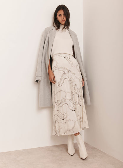 Cream Marble Print Midi Skirt