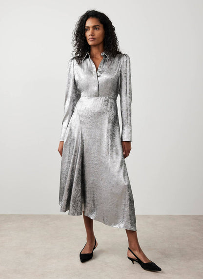 Silver Metallic Midi Shirt Dress