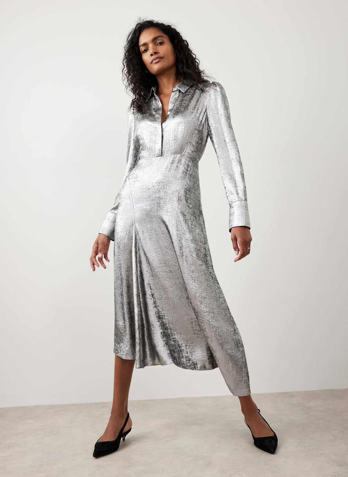 Silver Metallic Midi Shirt Dress