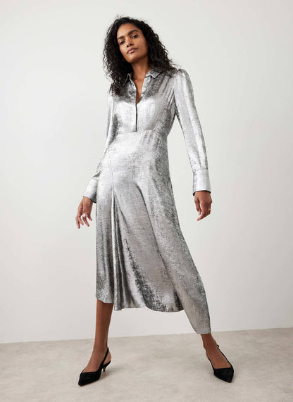 Silver Metallic Midi Shirt Dress