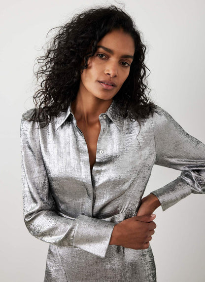 Silver Metallic Midi Shirt Dress