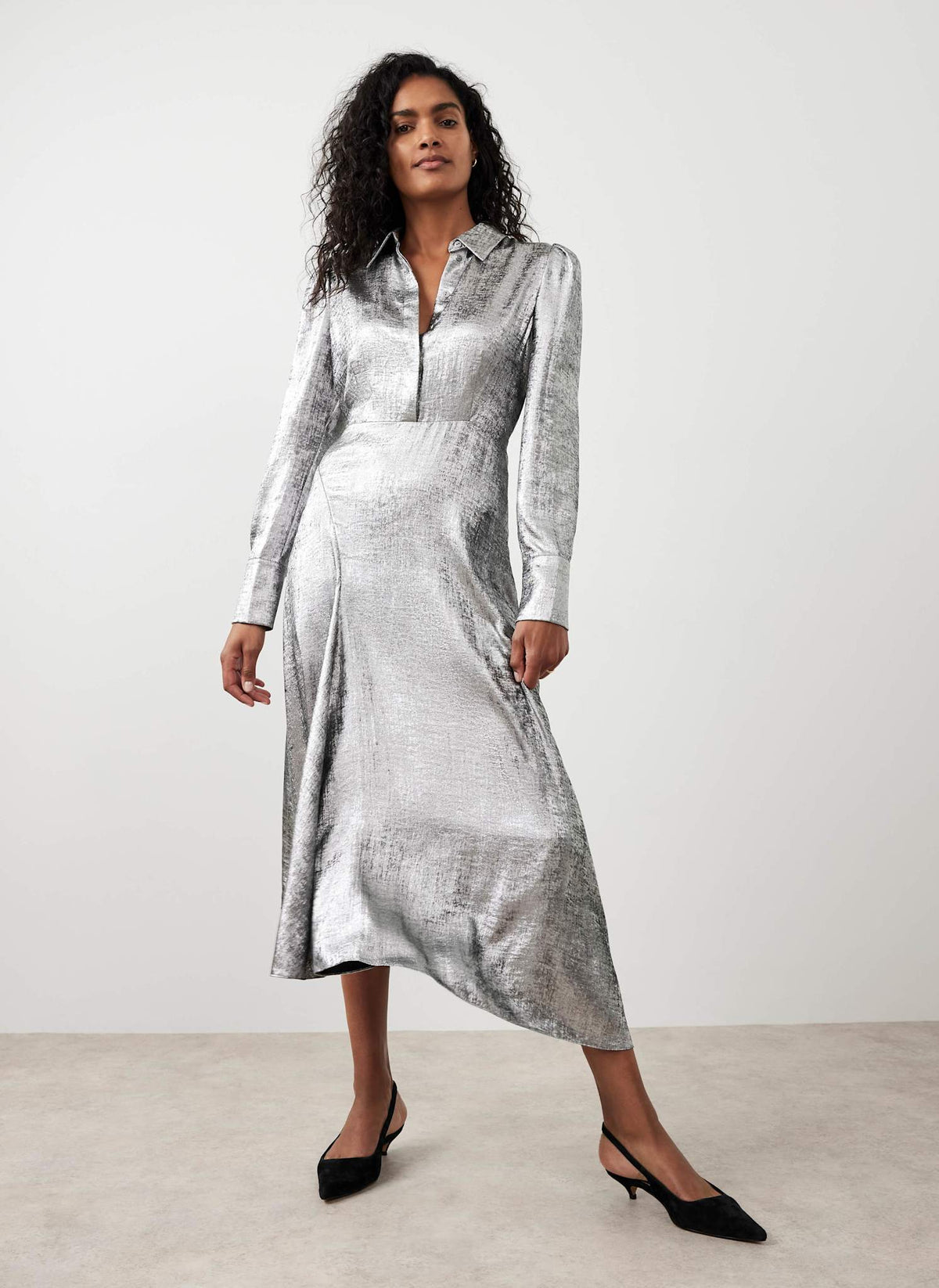 Silver Metallic Midi Shirt Dress