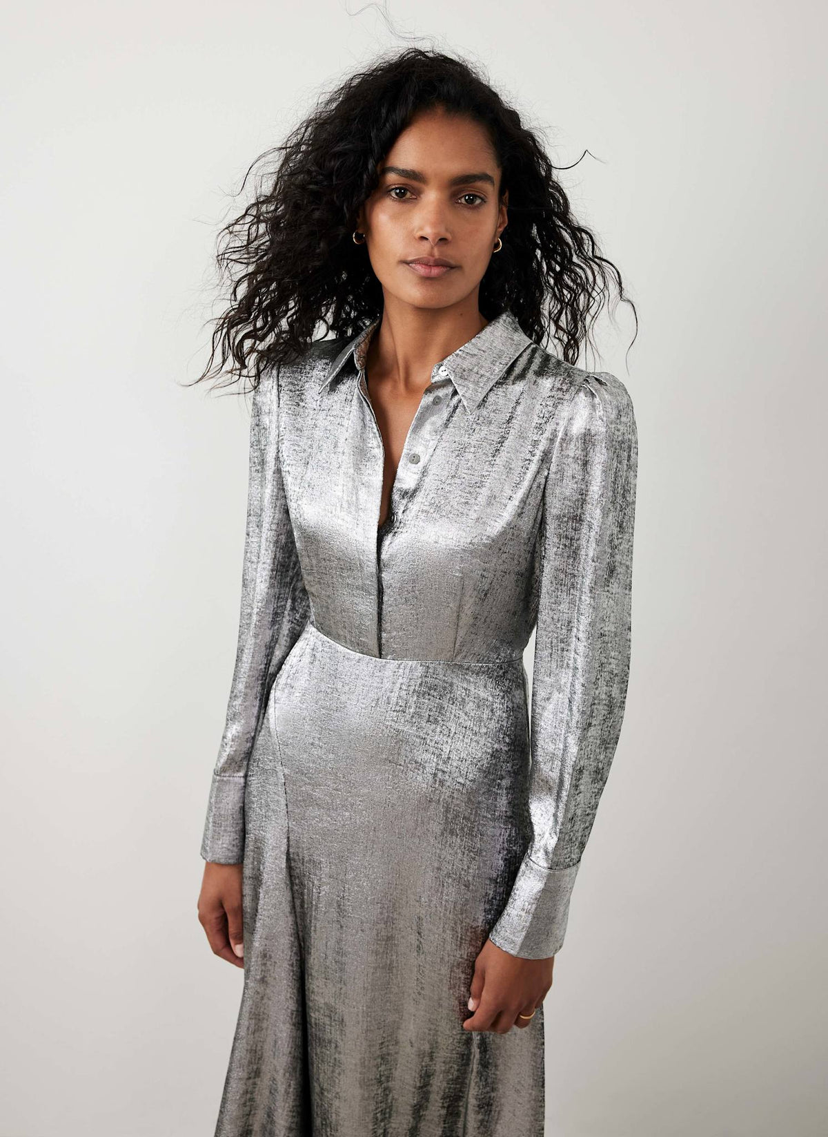 Silver Metallic Midi Shirt Dress