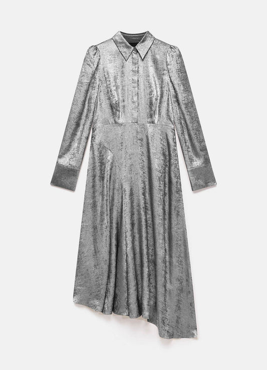 Silver Metallic Midi Shirt Dress