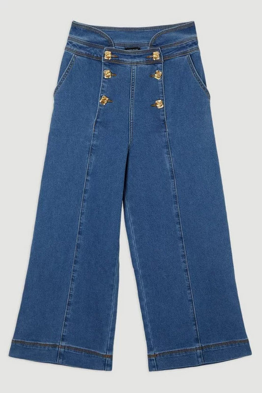 Denim Button Front Culottes Trousers