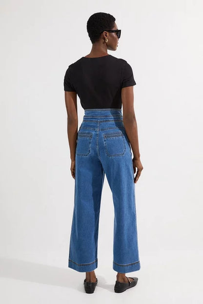 Denim Button Front Culottes Trousers