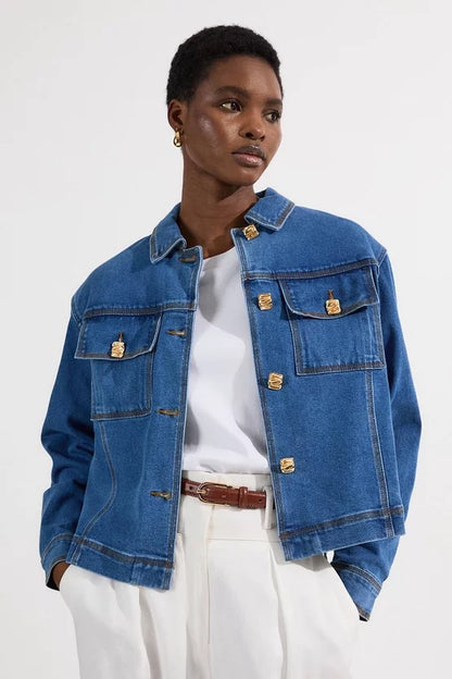 Denim Button Front Tailored Jacket
