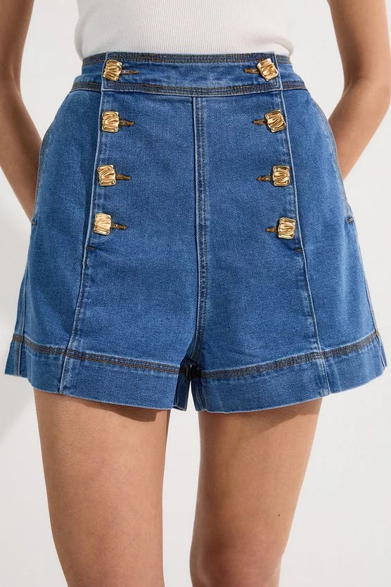Denim Button Front Tailored Shorts