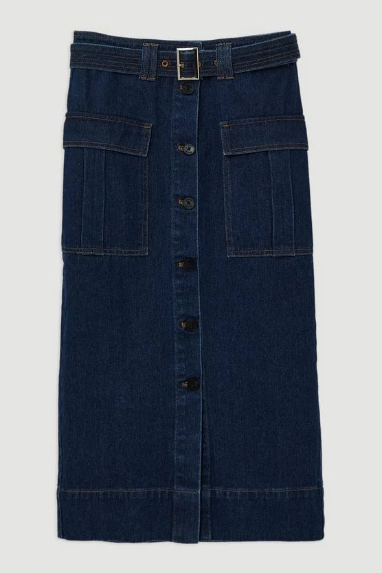 Denim Cargo Pocket Belted Midi Skirt