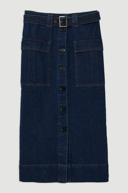 Denim Cargo Pocket Belted Midi Skirt