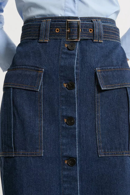 Denim Cargo Pocket Belted Midi Skirt