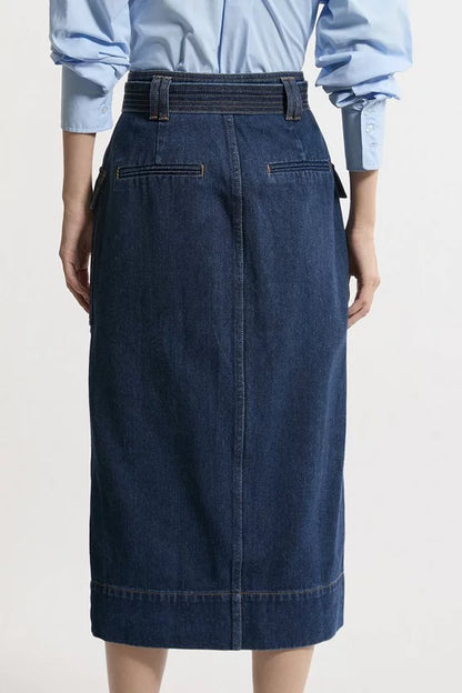 Denim Cargo Pocket Belted Midi Skirt