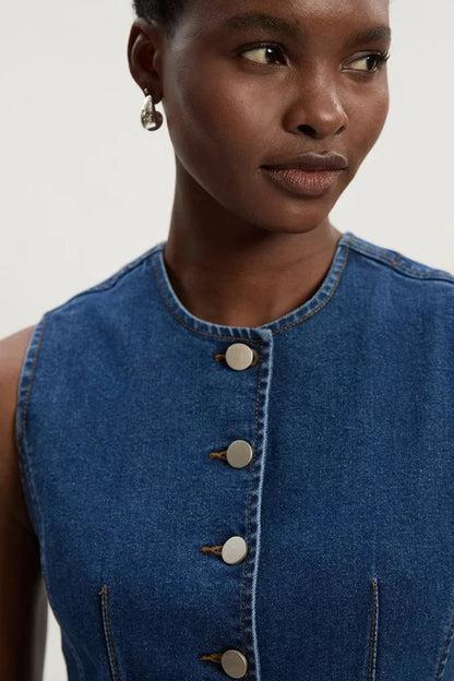 Denim High Neck Waistcoat