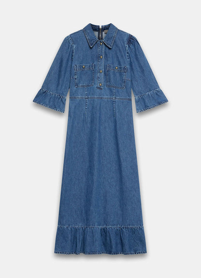 Indigo Denim Midi Shirt Dress