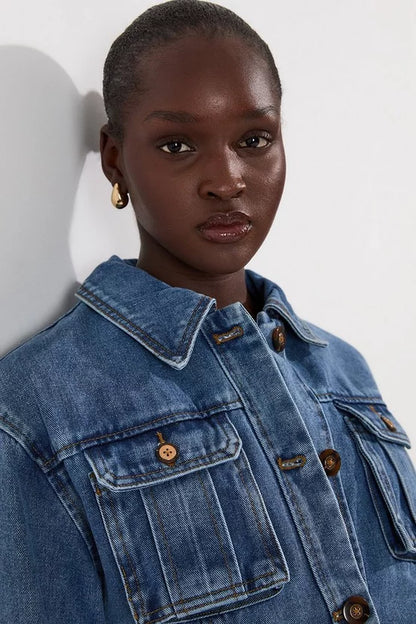 Denim Pocket Detail Belted Safari Jacket