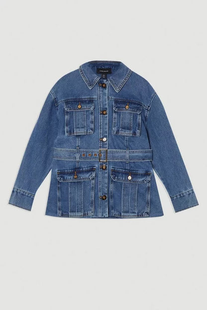Denim Pocket Detail Belted Safari Jacket