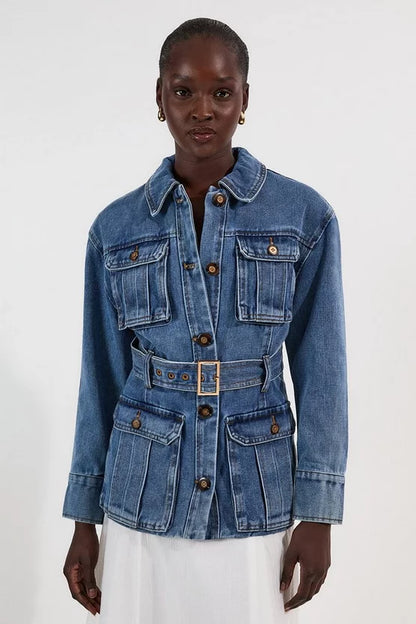 Denim Pocket Detail Belted Safari Jacket