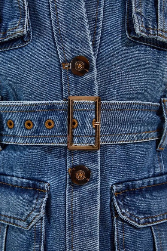 Denim Pocket Detail Belted Safari Jacket