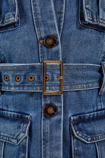 Denim Pocket Detail Belted Safari Jacket