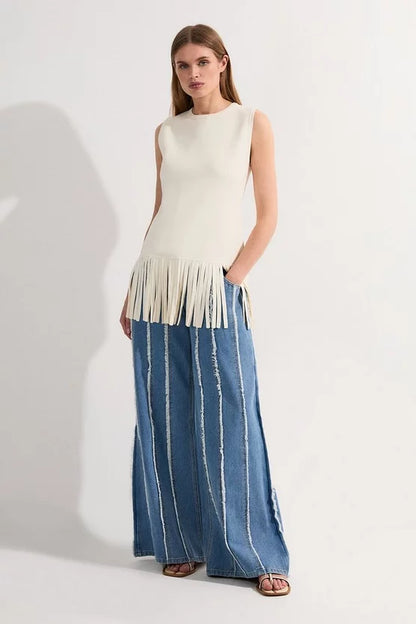 Denim Tassel Detail Wide Leg Jeans