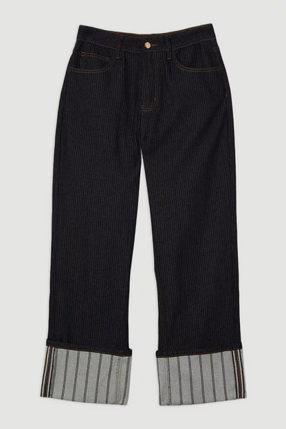 Stripe Denim Turn Up Straight Leg Jean