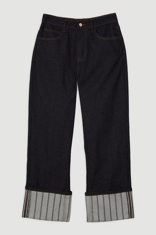 Stripe Denim Turn Up Straight Leg Jean