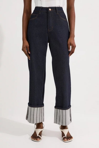Stripe Denim Turn Up Straight Leg Jean
