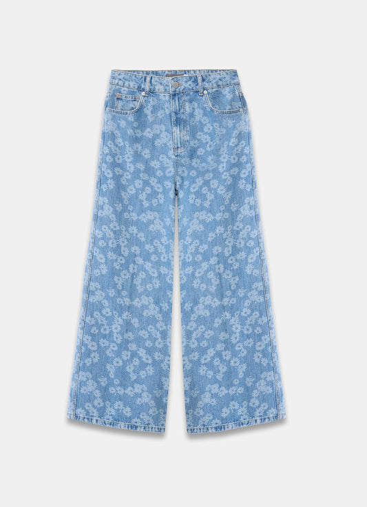 Mid Indigo Floral Wide Jeans