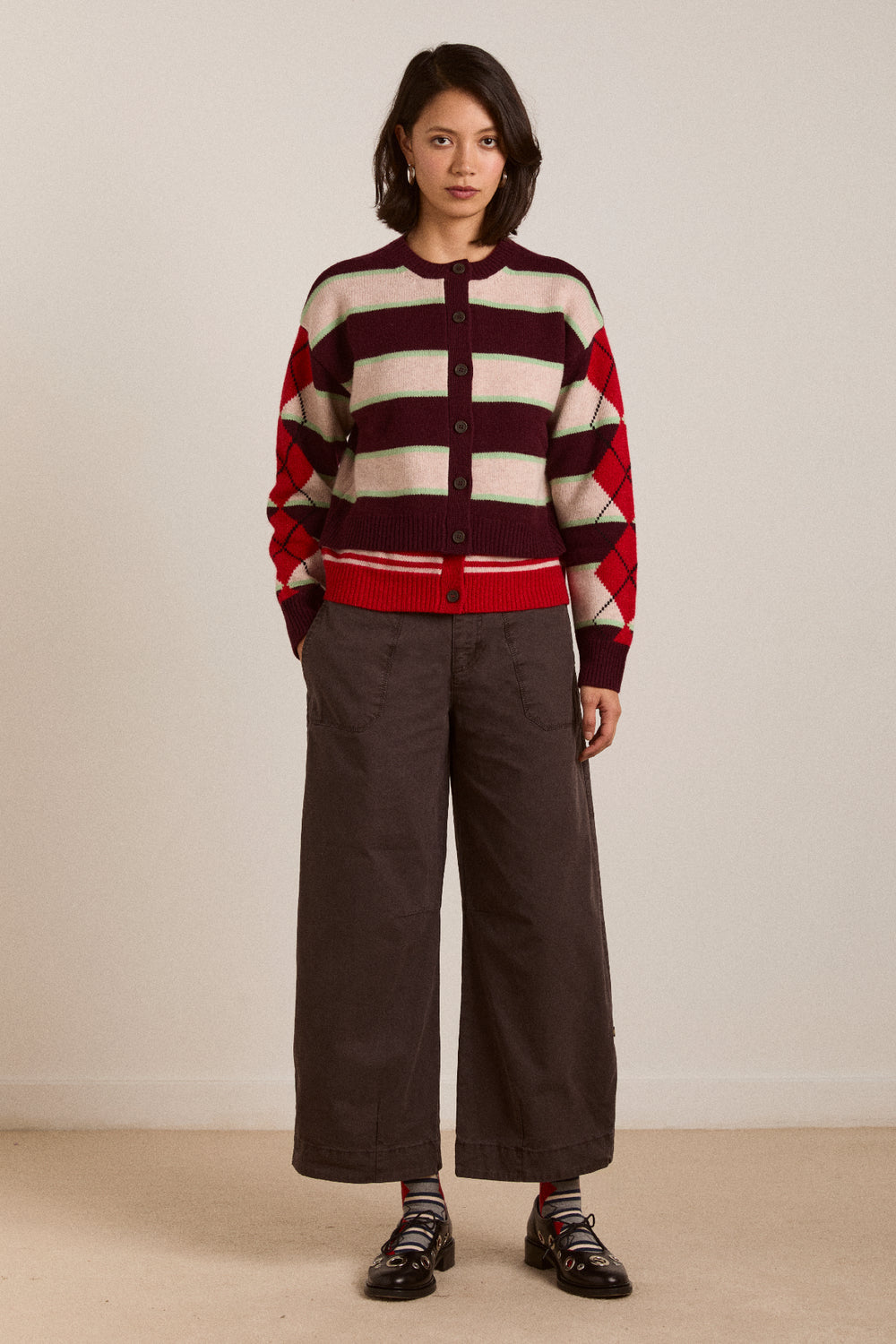 Didi Merino Wool Cardigan Burg Argyle/Stripe