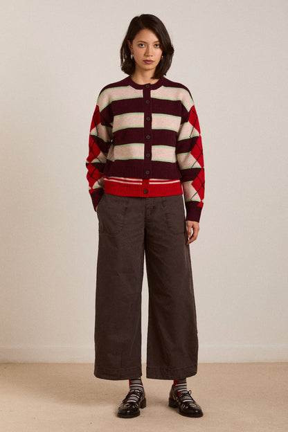 Didi Merino Wool Cardigan Burg Argyle/Stripe