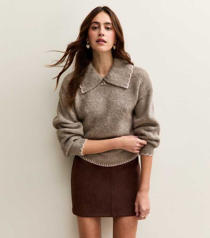 Mink Contrast Stitching Collared Jumper