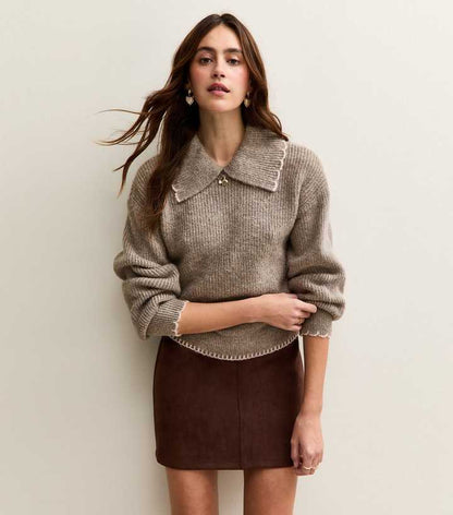Mink Contrast Stitching Collared Jumper