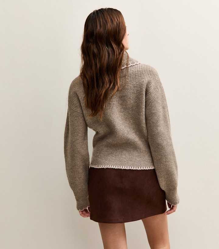 Mink Contrast Stitching Collared Jumper