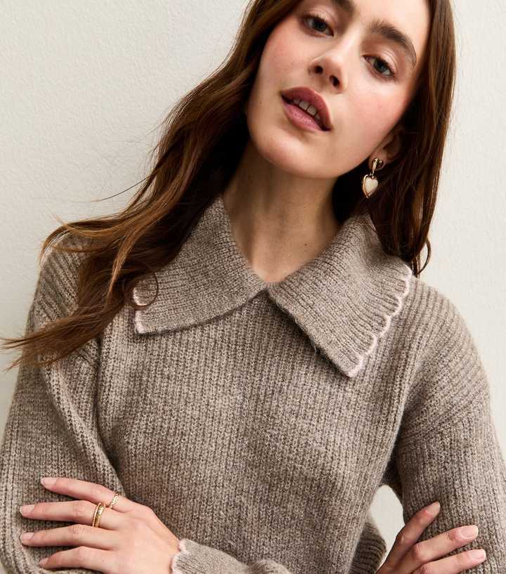 Mink Contrast Stitching Collared Jumper
