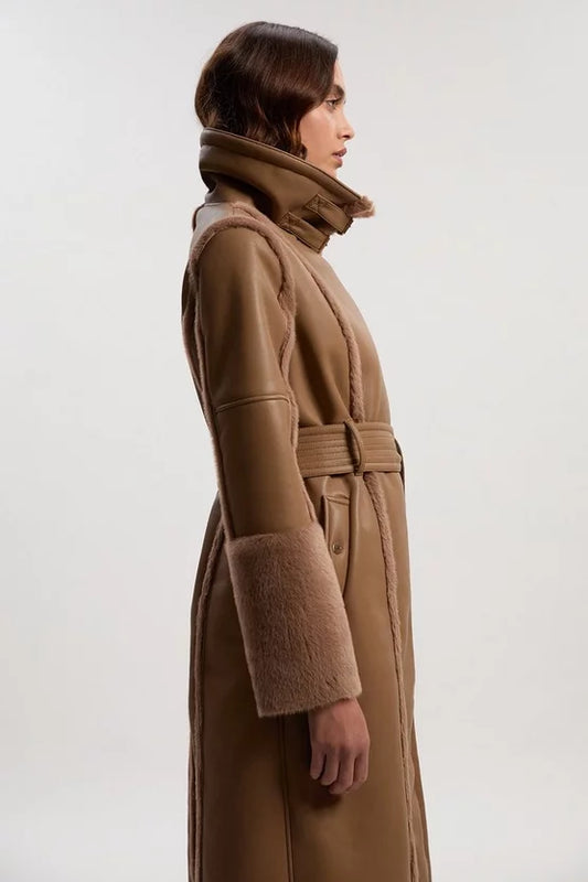 Faux Fur Buckle Detail Belted Biker Midi Coat