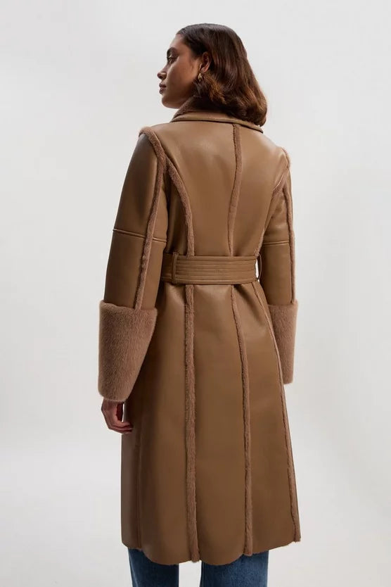 Faux Fur Buckle Detail Belted Biker Midi Coat