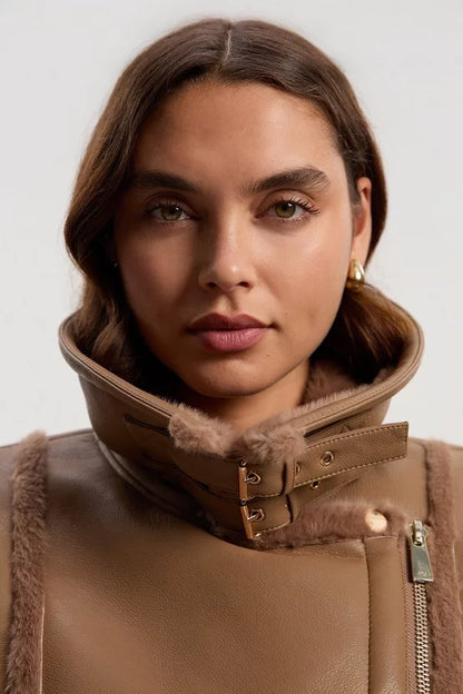 Faux Fur Buckle Detail Belted Biker Midi Coat